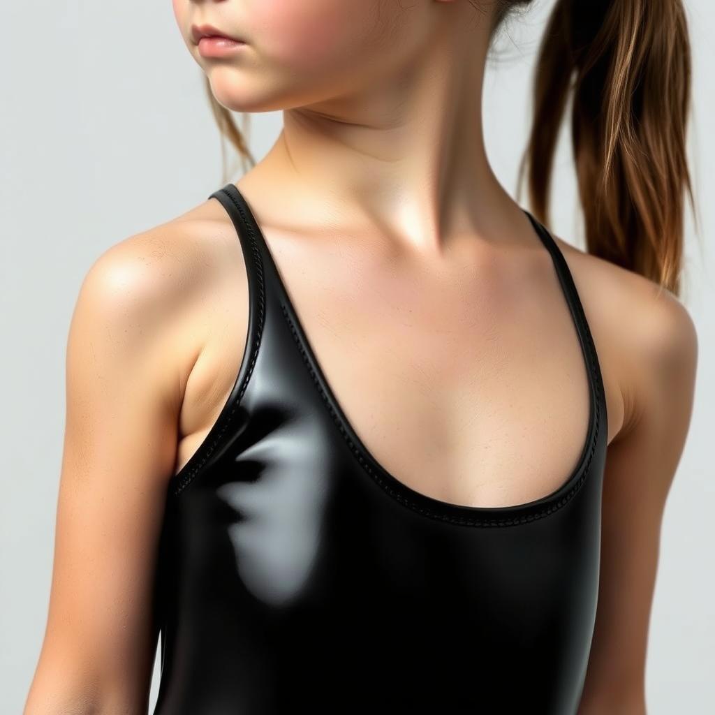 A realistic depiction of a young girl wearing a black latex swimsuit, shown in a full body view