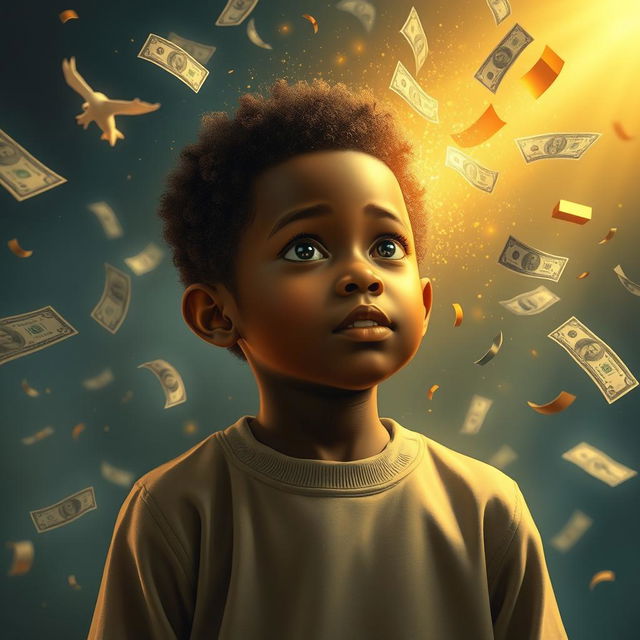 A young black boy, around 5 years old, envisions his future wealthy self through the power of his thoughts