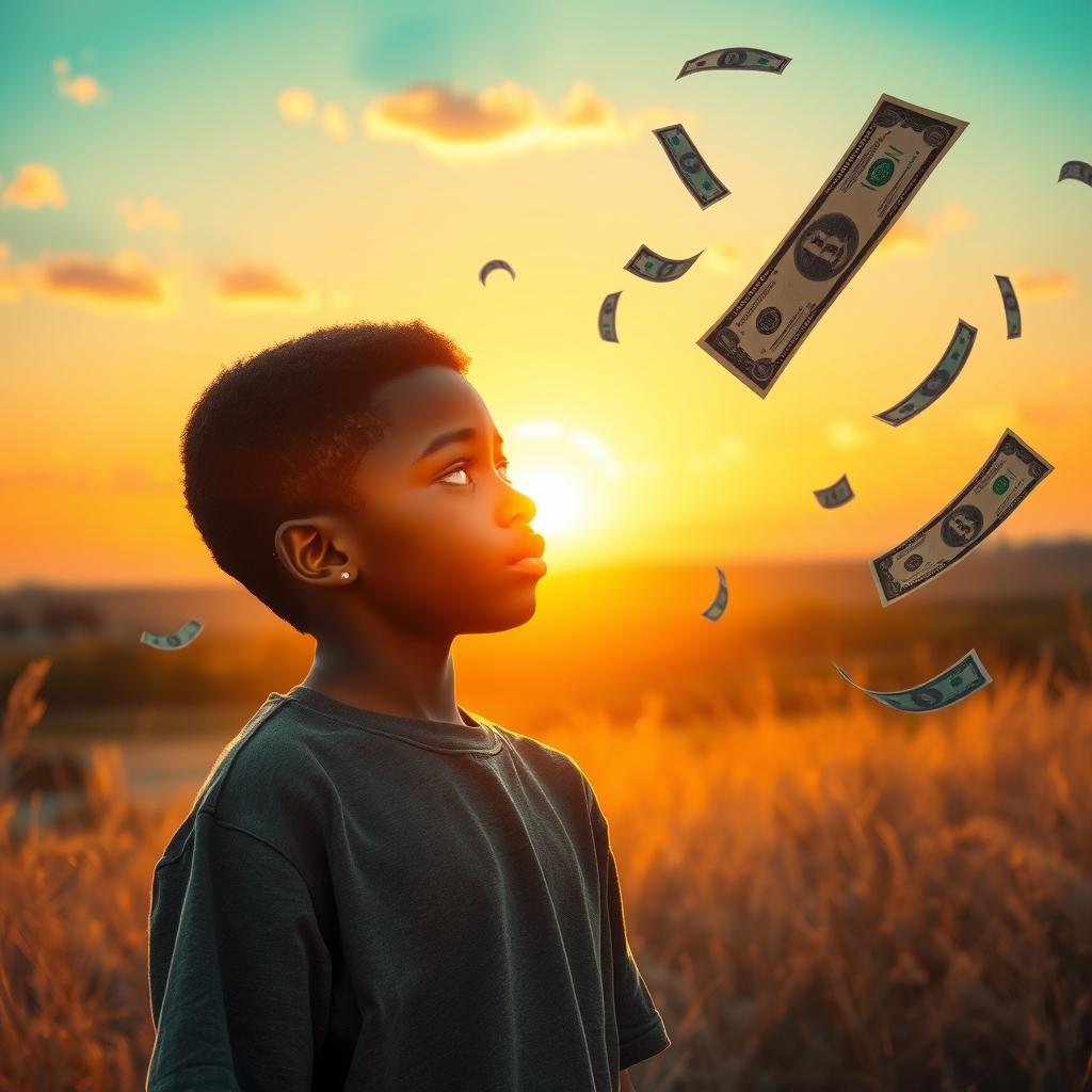 A young black boy gazes at his future wealthy self during a beautiful sunset