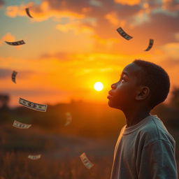 A young black boy gazes at his future wealthy self during a beautiful sunset