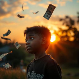 A young black boy gazes at his future wealthy self during a beautiful sunset