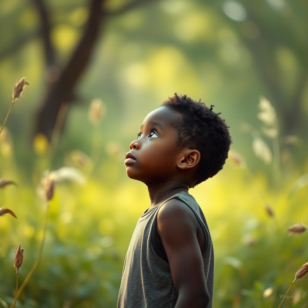 A young black boy stands in a serene environment, looking introspectively as he searches for the power within himself