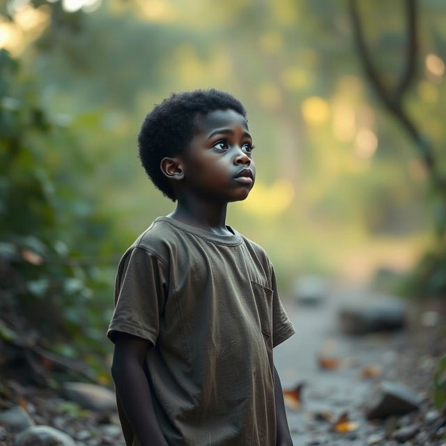 A young black boy stands in a serene environment, looking introspectively as he searches for the power within himself