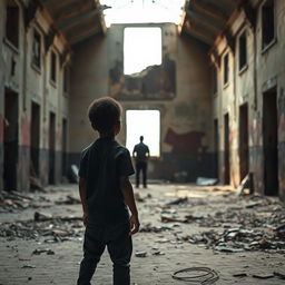 A young black boy stands in an abandoned building, gazing at his wealthy future self in the distance