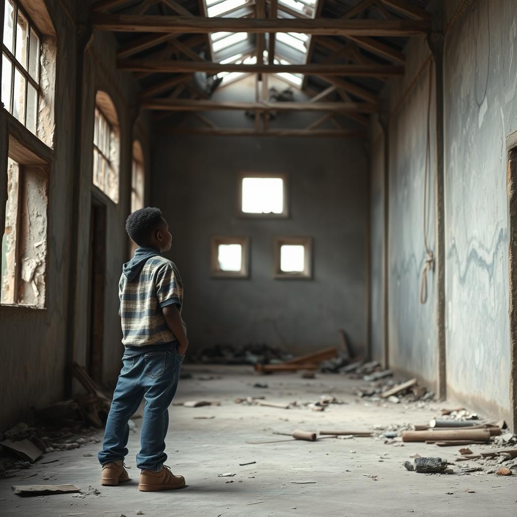 A young black boy stands in an abandoned building, gazing at his wealthy future self in the distance