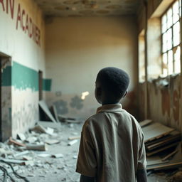 A young black boy stands in an abandoned building, gazing at his wealthy future self in the distance