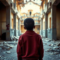 A young black boy stands in an abandoned building, gazing at his wealthy future self in the distance