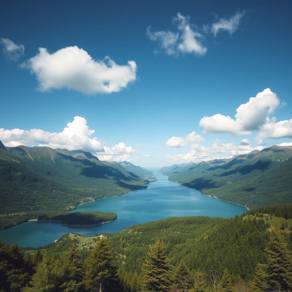 A beautiful landscape featuring a serene lake surrounded by lush green mountains under a clear blue sky with fluffy white clouds