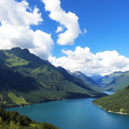 A beautiful landscape featuring a serene lake surrounded by lush green mountains under a clear blue sky with fluffy white clouds