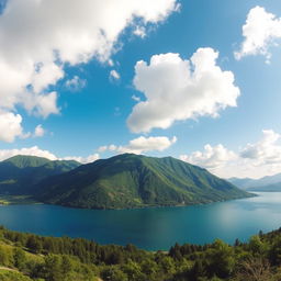 A beautiful landscape featuring a serene lake surrounded by lush green mountains under a clear blue sky with fluffy white clouds