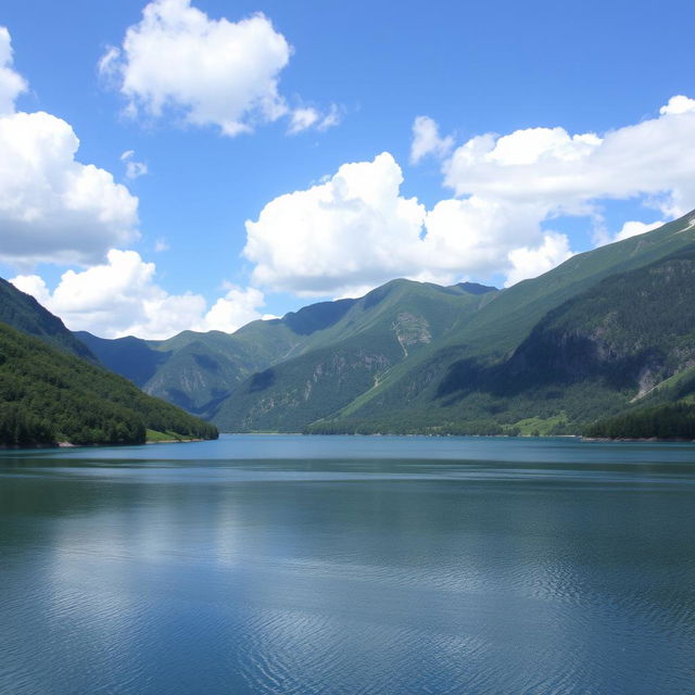 A beautiful landscape featuring a serene lake surrounded by lush green mountains under a clear blue sky with fluffy white clouds