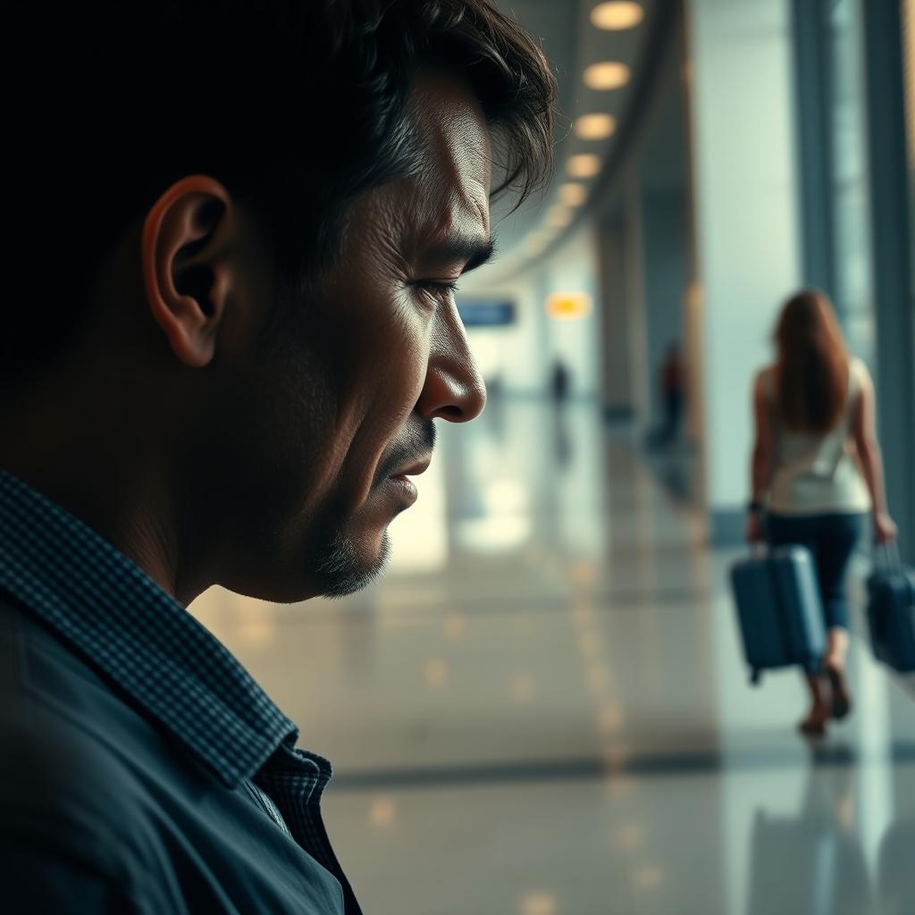 A profile of a man crying, with a woman walking away in the distance holding a suitcase at an airport