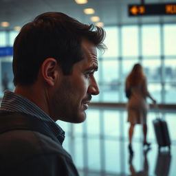 A profile of a man crying, with a woman walking away in the distance holding a suitcase at an airport