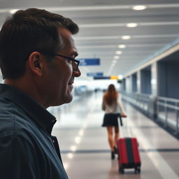 A profile of a man crying, with a woman walking away in the distance holding a suitcase at an airport