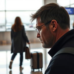 A profile of a man crying, with a woman walking away in the distance holding a suitcase at an airport