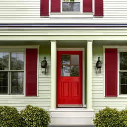 Show me a house with an eclectic color scheme, featuring a light sage green exterior, crisp white trim, and a cherry red door.