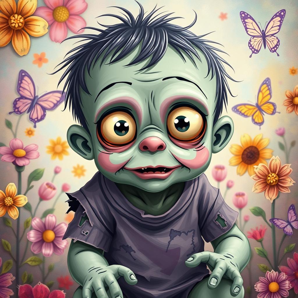 A cute baby zombie with big, innocent eyes and a playful expression