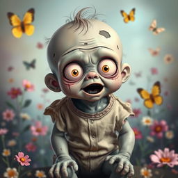 A cute baby zombie with big, innocent eyes and a playful expression