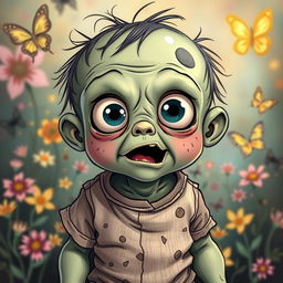 A cute baby zombie with big, innocent eyes and a playful expression