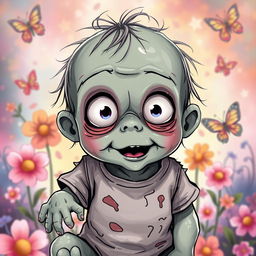 A cute baby zombie with big, innocent eyes and a playful expression