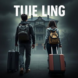 A realistic 3D film poster featuring one man and one woman, both wearing backpacks and carrying suitcases, preparing for a long trip