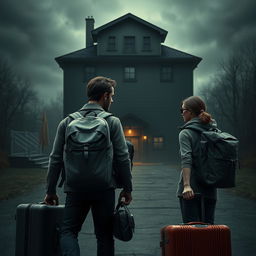 A realistic 3D film poster featuring one man and one woman, both wearing backpacks and carrying suitcases, preparing for a long trip