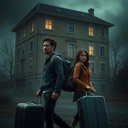 A realistic 3D film poster featuring one man and one woman, both wearing backpacks and carrying suitcases, preparing for a long trip