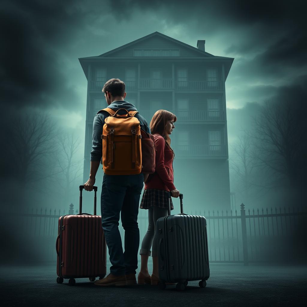 A realistic 3D film poster featuring one man and one woman, both wearing backpacks and carrying suitcases, preparing for a long trip