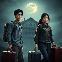 A realistic 3D film poster featuring one Asian man and one Asian woman, both wearing backpacks and carrying suitcases, preparing for a long trip