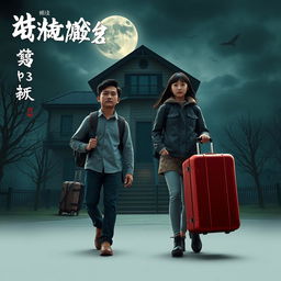 A realistic 3D film poster featuring one Asian man and one Asian woman, both wearing backpacks and carrying suitcases, preparing for a long trip