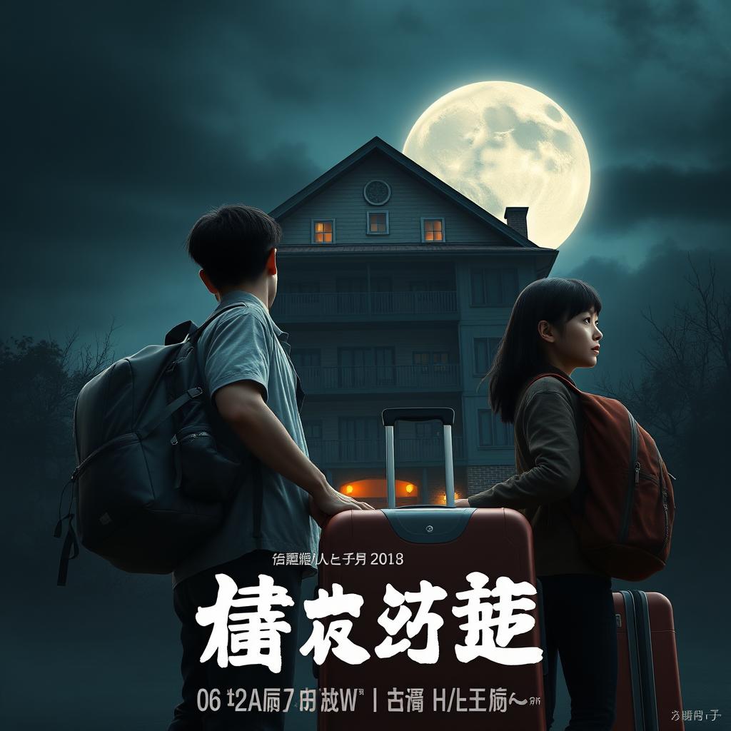 A realistic 3D film poster featuring one Asian man and one Asian woman, both wearing backpacks and carrying suitcases, preparing for a long trip