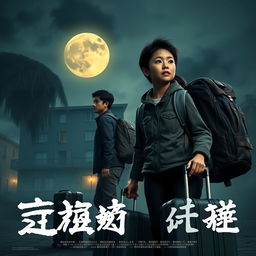 A realistic 3D film poster featuring one Asian man and one Asian woman, both wearing backpacks and carrying suitcases, preparing for a long trip