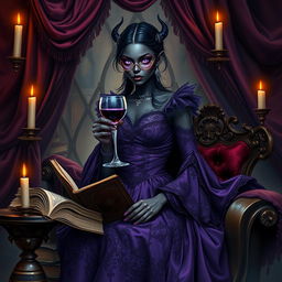 A highly detailed image of a dark-skinned female Drow in an elaborate purple dress