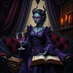 A highly detailed image of a dark-skinned female Drow in an elaborate purple dress