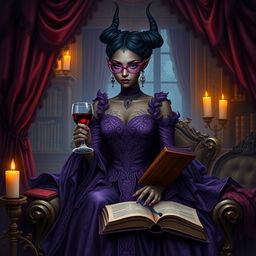 A highly detailed image of a dark-skinned female Drow in an elaborate purple dress