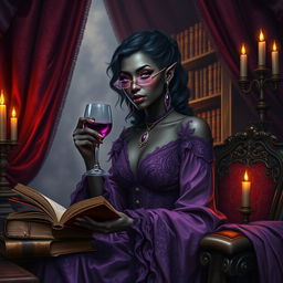 A highly detailed image of a dark-skinned female Drow in an elaborate purple dress