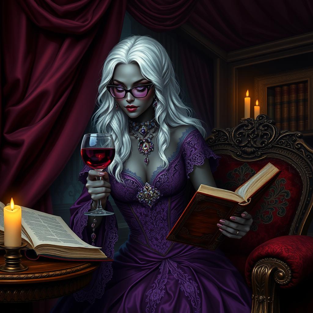 A highly detailed image of a dark-skinned female Drow with white hair, dressed in an elaborate purple dress