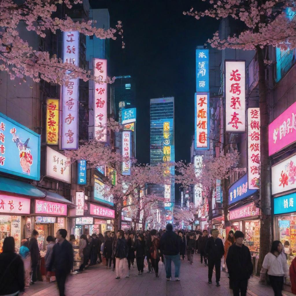 A vibrant, lively scene of a bustling city in the style of Japanese anime, filled with neon signs, tall buildings, and cherry blossom trees.