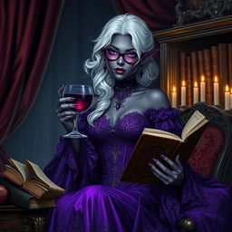 A highly detailed image of a dark-skinned female Drow with white hair, dressed in an elaborate purple dress