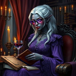 A highly detailed image of a dark-skinned female Drow with white hair, dressed in an elaborate purple dress