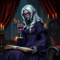 A highly detailed image of a dark-skinned female Drow with white hair, dressed in an elaborate purple dress