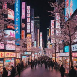 A vibrant, lively scene of a bustling city in the style of Japanese anime, filled with neon signs, tall buildings, and cherry blossom trees.