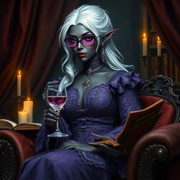 A highly detailed image of a dark-skinned female Drow with white hair, dressed in an elaborate purple dress