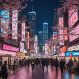 A vibrant, lively scene of a bustling city in the style of Japanese anime, filled with neon signs, tall buildings, and cherry blossom trees.