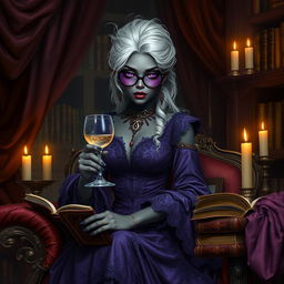 A highly detailed image of a dark-skinned female Drow with white hair, dressed in an elaborate purple dress