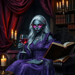 A highly detailed image of a dark-skinned female Drow with white hair, dressed in an elaborate purple dress