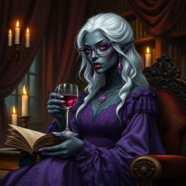 A highly detailed image of a dark-skinned female Drow with white hair, dressed in an elaborate purple dress