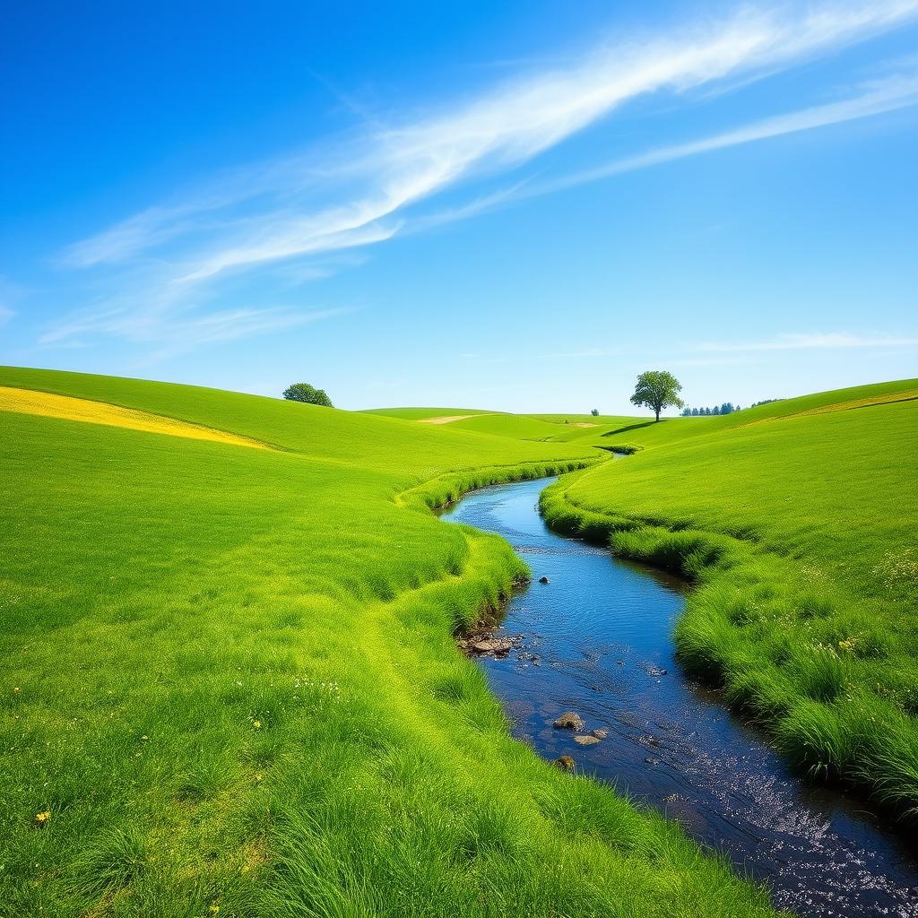 Create an image of a beautiful and serene landscape with lush green meadows, a clear blue sky, and a gentle river flowing through the scene