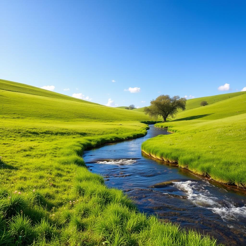 Create an image of a beautiful and serene landscape with lush green meadows, a clear blue sky, and a gentle river flowing through the scene