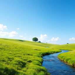 Create an image of a beautiful and serene landscape with lush green meadows, a clear blue sky, and a gentle river flowing through the scene